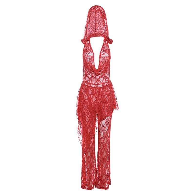 Lace Irregular See-Through Hoodie & Cowl Neck Pant Set for Y2K, Grunge, and Coquette Aesthetics