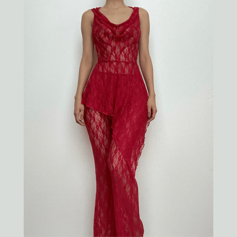 Lace Irregular See-Through Hoodie & Cowl Neck Pant Set for Y2K, Grunge, and Coquette Aesthetics