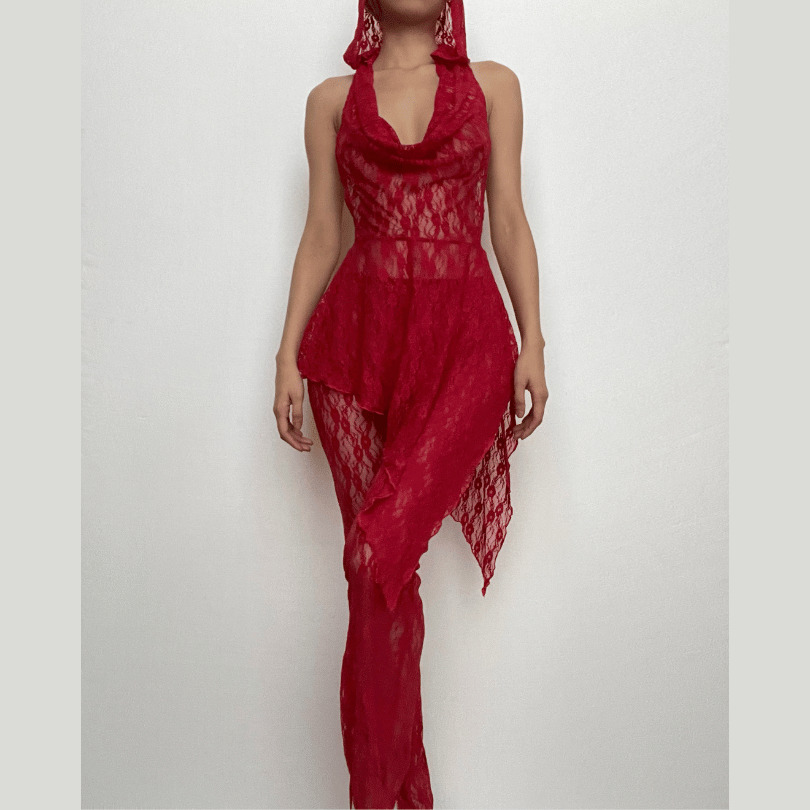 Lace Irregular See-Through Hoodie & Cowl Neck Pant Set for Y2K, Grunge, and Coquette Aesthetics