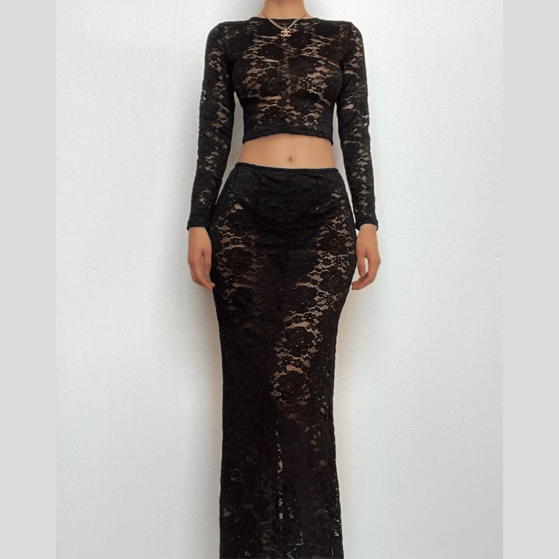 Lace Long Sleeve Sheer Slit Maxi Skirt Set - Y2K Fashion, Coquette Aesthetic, Grunge Style