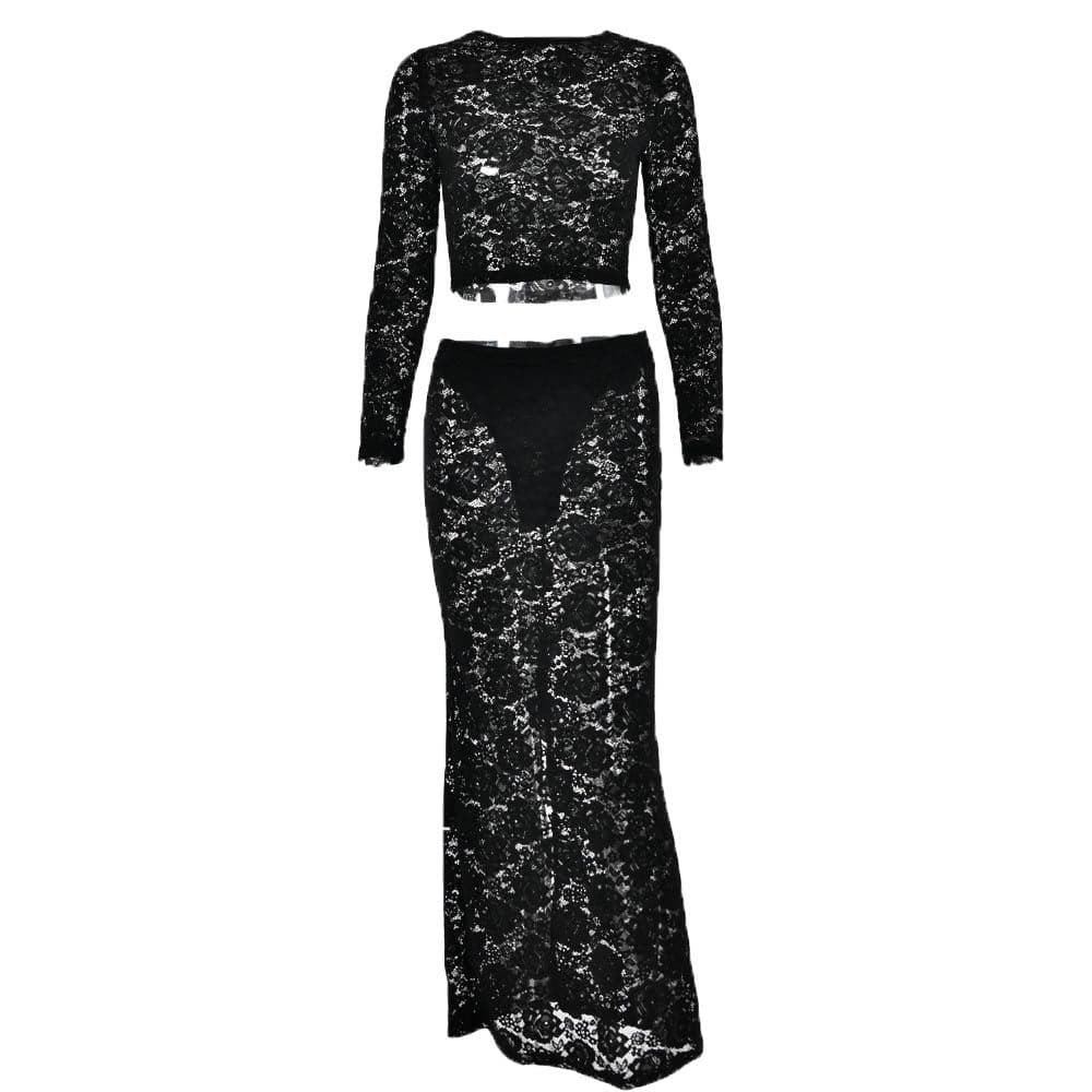 Lace Long Sleeve Sheer Slit Maxi Skirt Set - Y2K Fashion, Coquette Aesthetic, Grunge Style