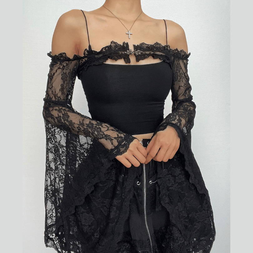 Lace Off-Shoulder Flared Sleeve Shrug Top - Y2K Aesthetic Cute Layering Piece