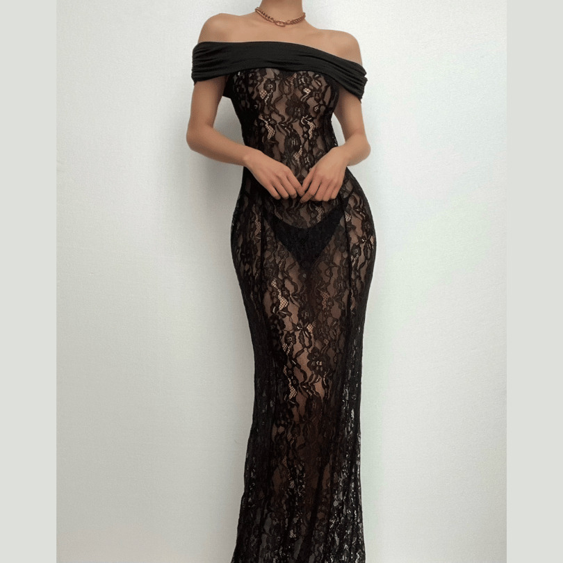 Lace Off-Shoulder Ruched Maxi Dress - Y2K Aesthetic, Coquette Style, and Grunge Vibes