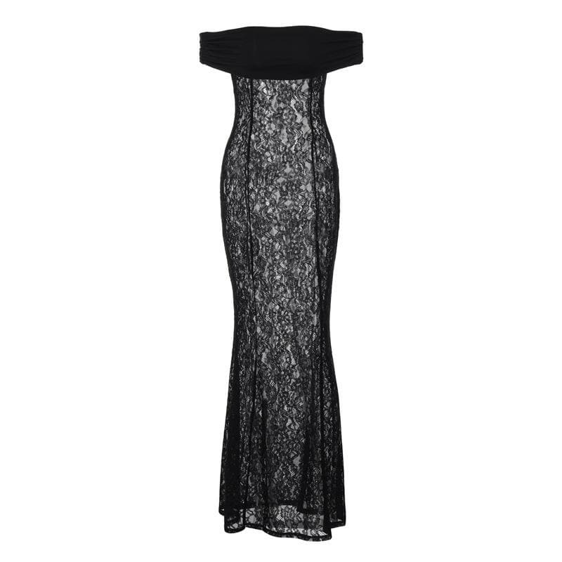 Lace Off-Shoulder Ruched Maxi Dress - Y2K Aesthetic, Coquette Style, and Grunge Vibes