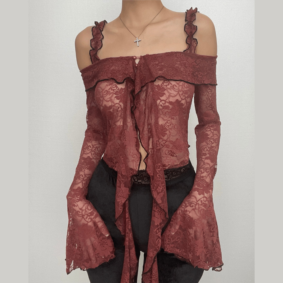 Lace Off-Shoulder Ruffle Crop Top with Flared Sleeves - Y2K Coquette Aesthetic Fashion