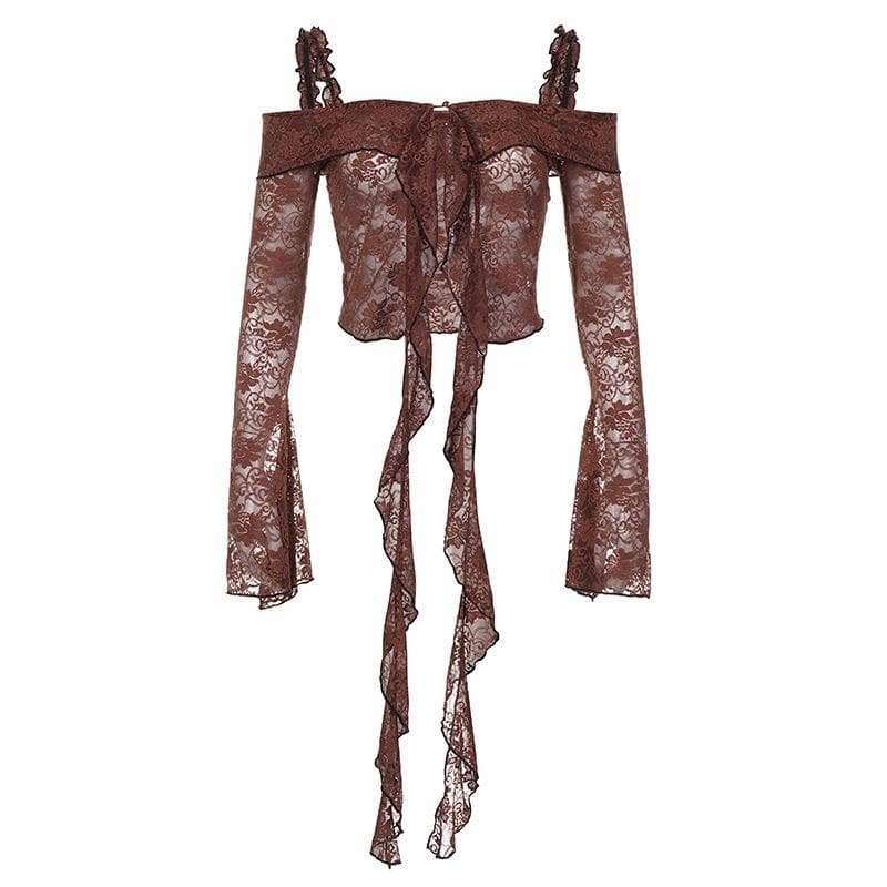 Lace Off-Shoulder Ruffle Crop Top with Flared Sleeves - Y2K Coquette Aesthetic Fashion