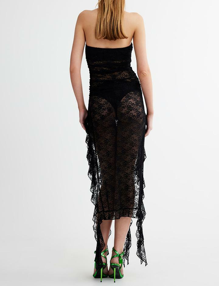 Lace Off-Shoulder Ruffled Slit Dress - Y2K Aesthetic, Grunge Style, Coquette Fashion