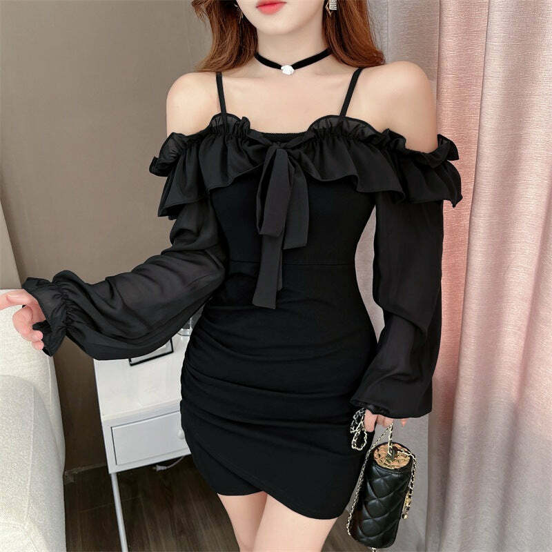 Lace Panel Off Shoulder Mini Dress - Y2K Aesthetic, Coquette Style, Cute & Comfy Fashion