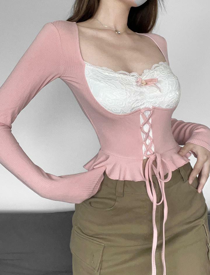 Lace Panel Ruffle Trim Top - Y2K Fashion, Coquette Aesthetic, Cute Crop Top, Grunge Style