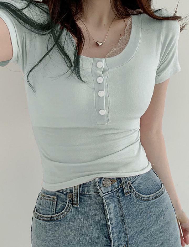 Lace Panel U-Neck Slim Top - Y2K Aesthetic Cute Crop for Coquette & Grunge Styles