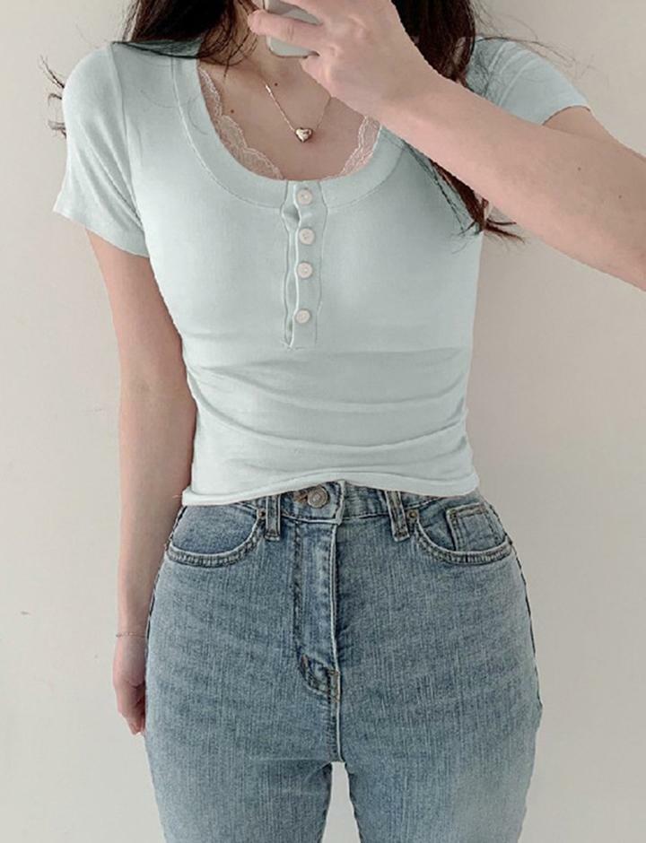 Lace Panel U-Neck Slim Top - Y2K Aesthetic Cute Crop for Coquette & Grunge Styles