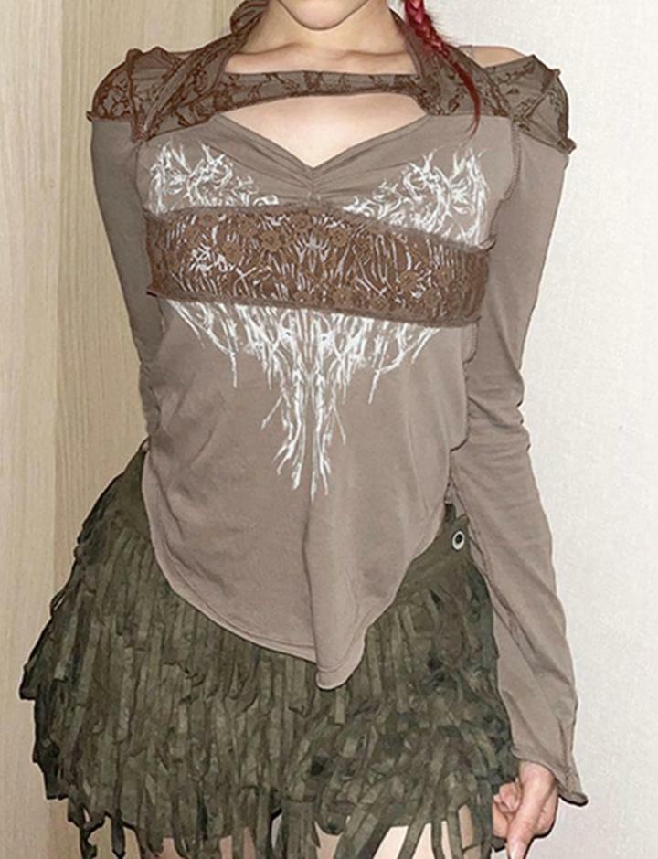 Lace Panel Vintage Print T-Shirt - Y2K Aesthetic Top for Coquette & Grunge Styles