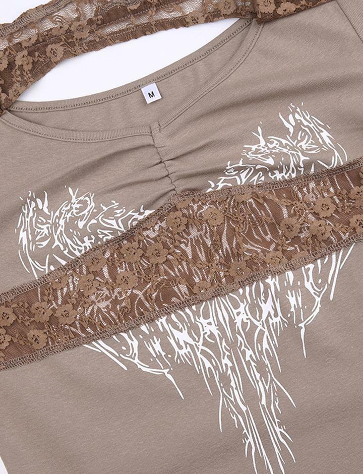 Lace Panel Vintage Print T-Shirt - Y2K Aesthetic Top for Coquette & Grunge Styles
