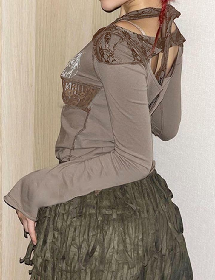 Lace Panel Vintage Print T-Shirt - Y2K Aesthetic Top for Coquette & Grunge Styles