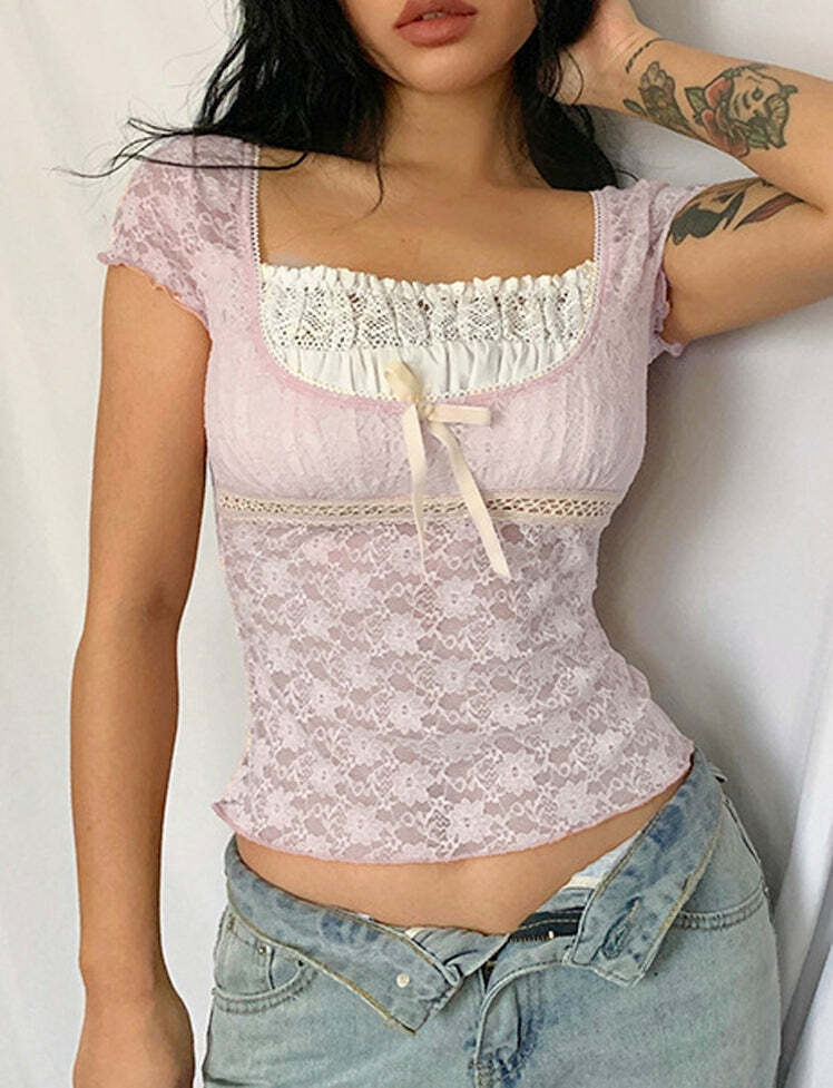 Lace Paneled Square Neck Top - Y2K Aesthetic Cute Top for Coquette & Grunge Styles