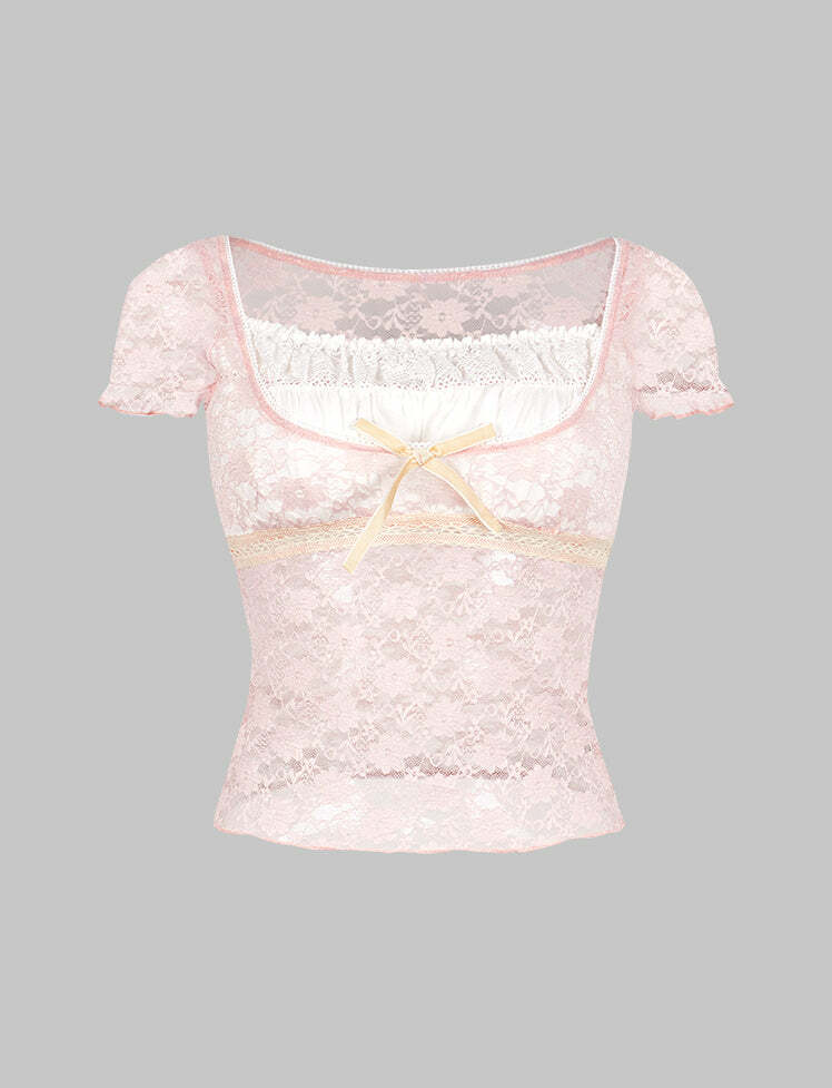 Lace Paneled Square Neck Top - Y2K Aesthetic Cute Top for Coquette & Grunge Styles