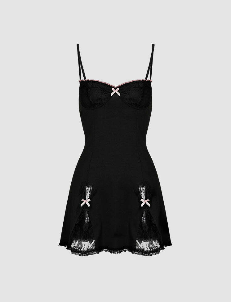 Lace Patch Y2K Little Black Dress - Coquette Aesthetic with Grunge Style Touches