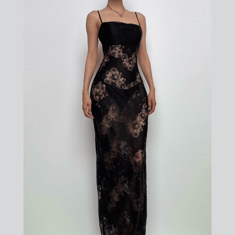 Lace Patchwork Backless Slit Cami Maxi Dress - Y2K Aesthetic, Coquette Style, Grunge Fashion