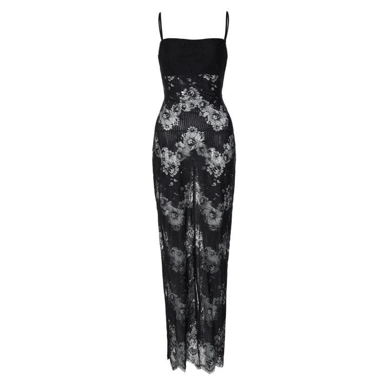 Lace Patchwork Backless Slit Cami Maxi Dress - Y2K Aesthetic, Coquette Style, Grunge Fashion