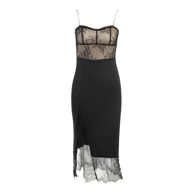 Lace Patchwork Contrast Slit Irregular Midi Dress - Y2K Aesthetic, Coquette Style, Grunge Fashion