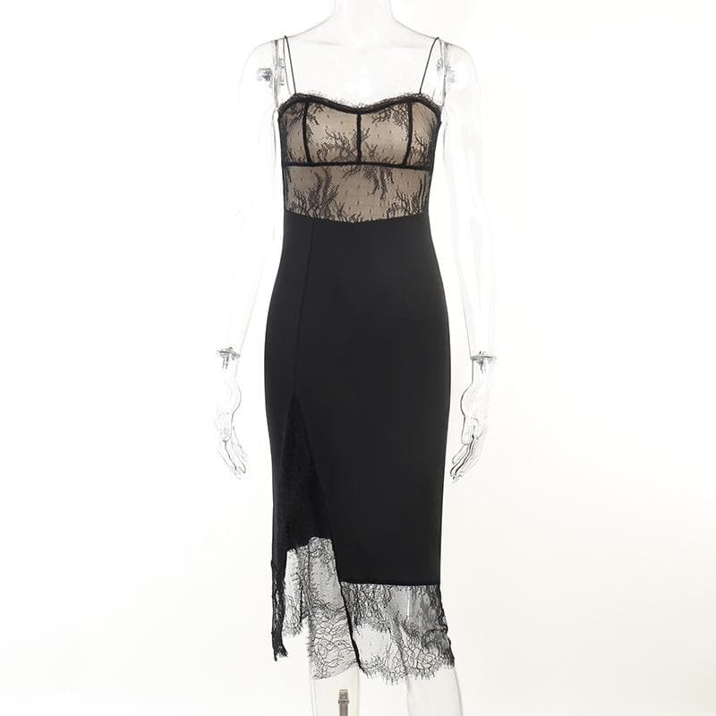 Lace Patchwork Contrast Slit Irregular Midi Dress - Y2K Aesthetic, Coquette Style, Grunge Fashion