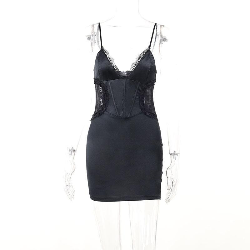 Lace Patchwork Corset Mini Dress - Y2K Aesthetic V-Neck Cami for Coquette & Grunge Styles