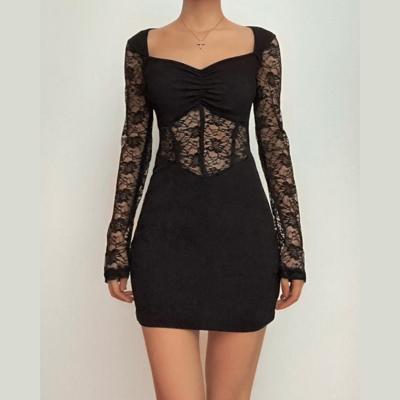 Lace Patchwork Corset Mini Dress with Long Sleeves - Y2K Grunge & Coquette Aesthetic