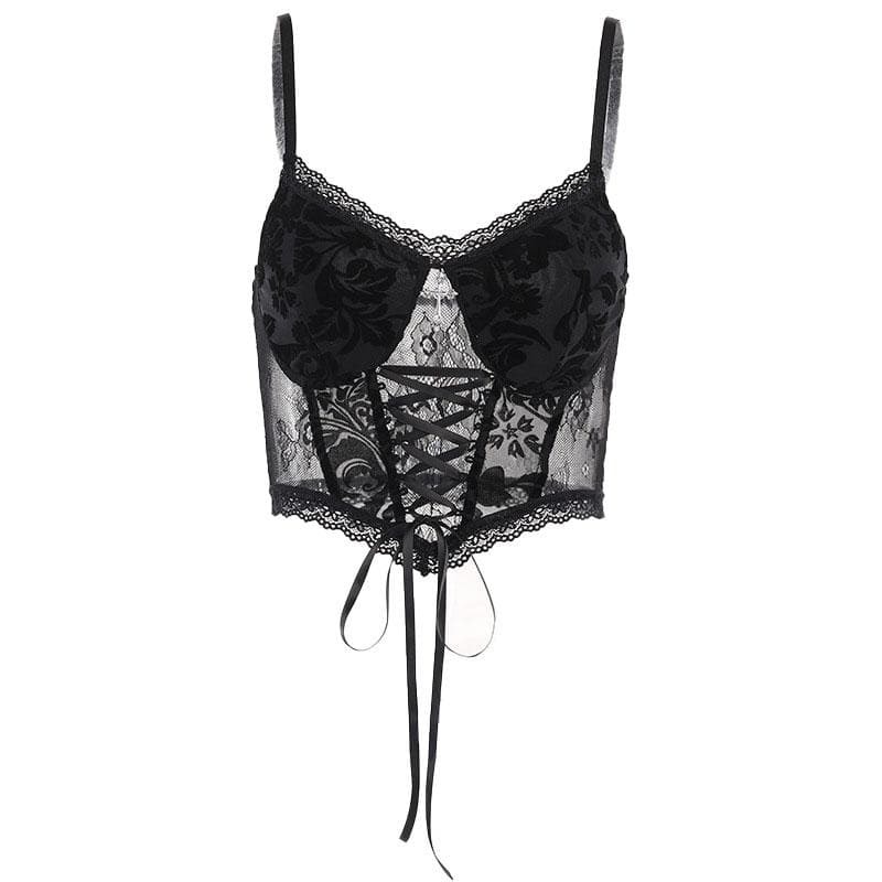 Lace Patchwork Cross Applique Crop Top - Y2K Aesthetic, Coquette Style, Cute Tops
