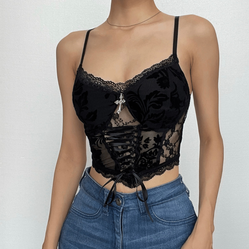 Lace Patchwork Cross Applique Crop Top - Y2K Aesthetic, Coquette Style, Cute Tops