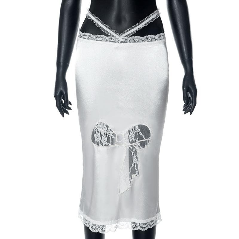 Lace Patchwork Cross Back Chiffon Midi Skirt - Y2K Aesthetic, Coquette Style, Cute Outfit