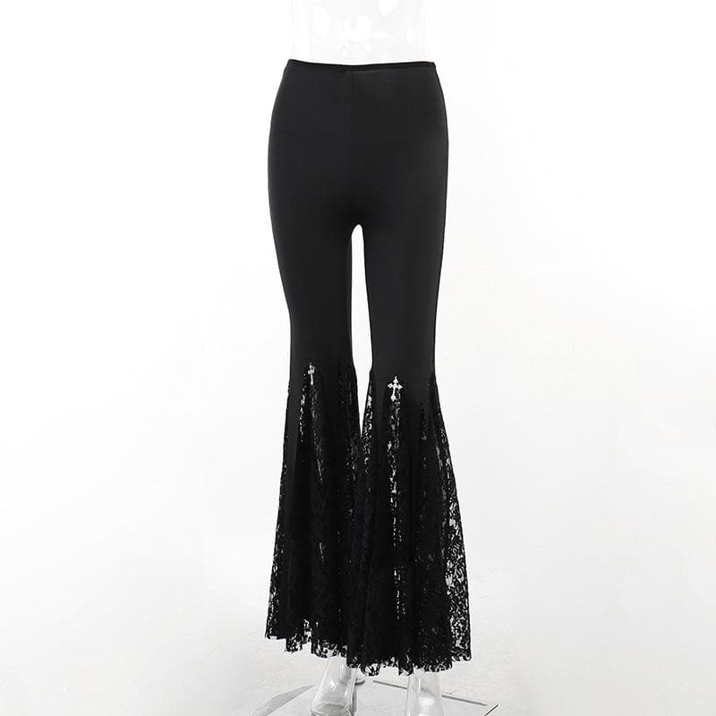 Lace Patchwork Flared Pants - Y2K Aesthetic, Grunge Style, Coquette Fashion, Cute Bottoms