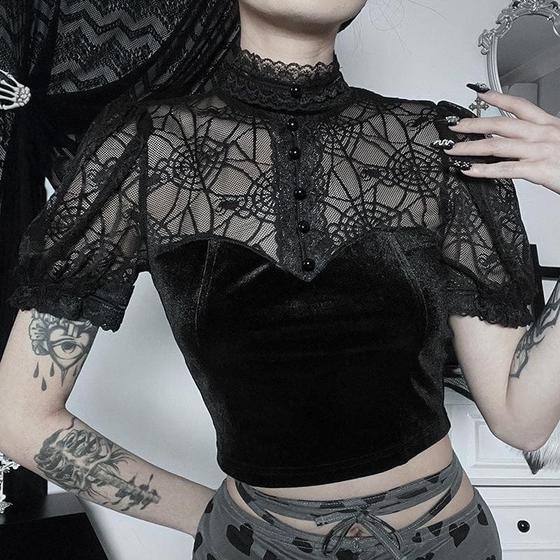 Lace Patchwork High Neck Velvet Crop Top - Y2K Aesthetic Cute Top for Coquette & Grunge Styles