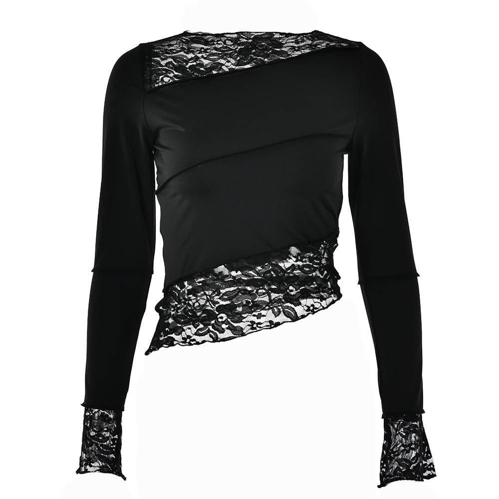 Lace Patchwork Irregular Stitch Long Sleeve Top - Y2K Aesthetic Cute Top for Grunge & Coquette Styles