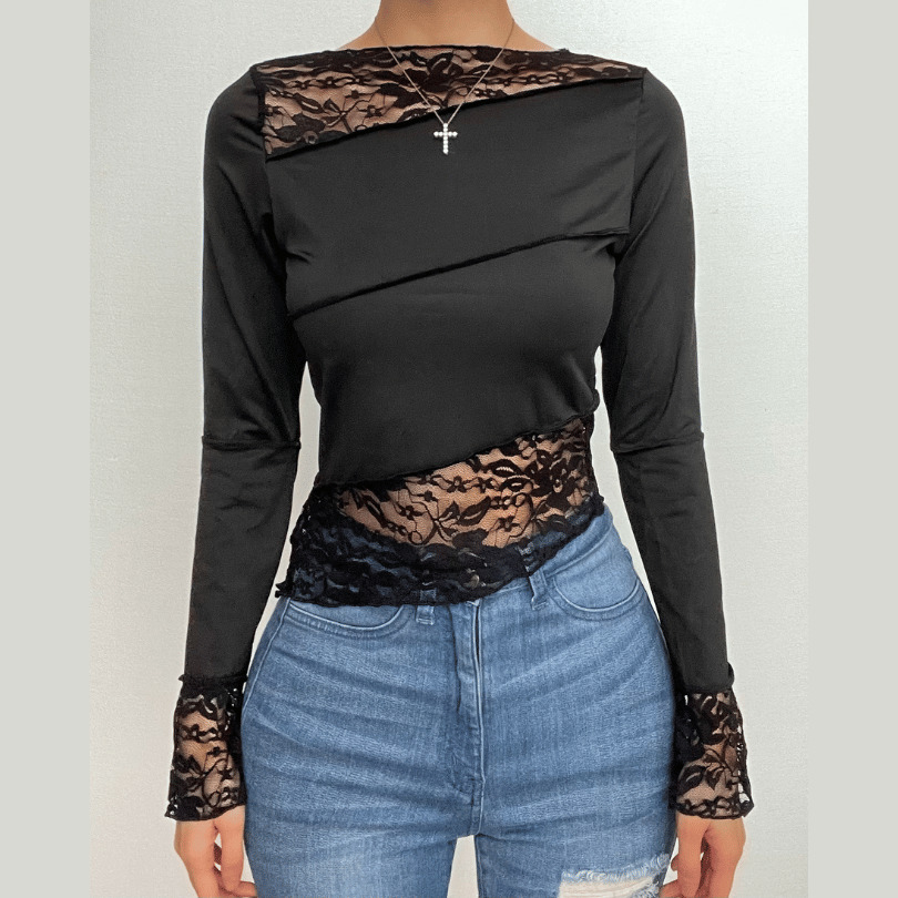 Lace Patchwork Irregular Stitch Long Sleeve Top - Y2K Aesthetic Cute Top for Grunge & Coquette Styles