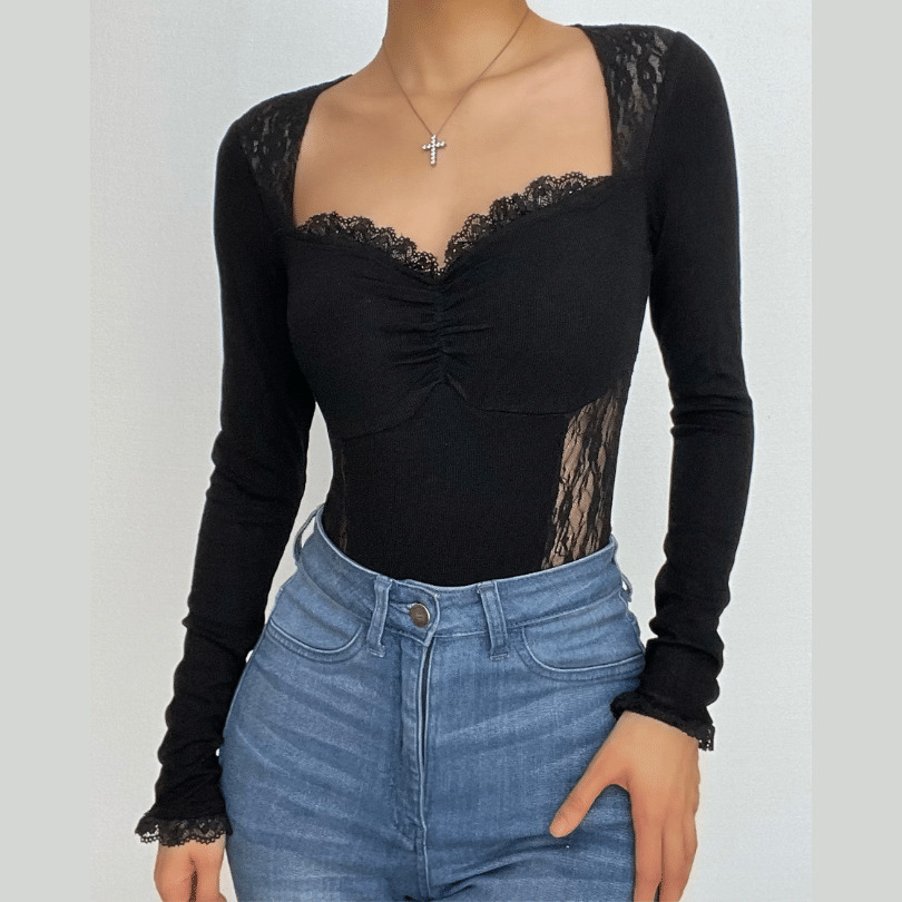 Lace Patchwork Long Sleeve Ruched Bodysuit - Y2K Aesthetic Cute Top for Coquette Style