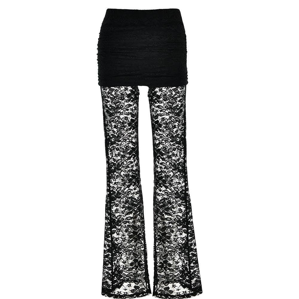 Lace Patchwork Ruched Flared Pants - Y2K Aesthetic, Grunge Style, Coquette Fashion