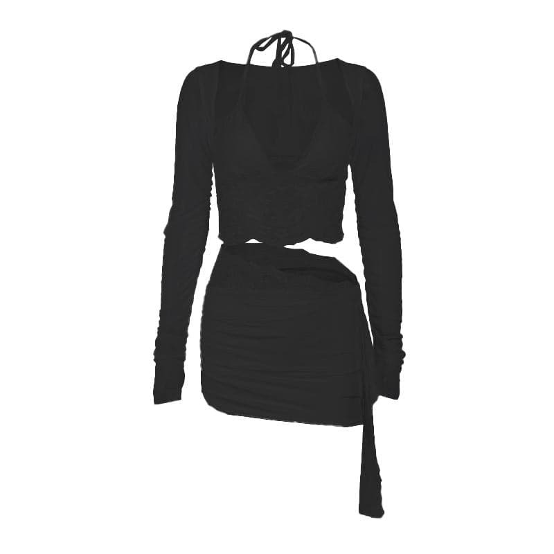 Lace Patchwork Ruched Halter Mini Skirt Set - Y2K Aesthetic Cute Top & Skirt Outfit