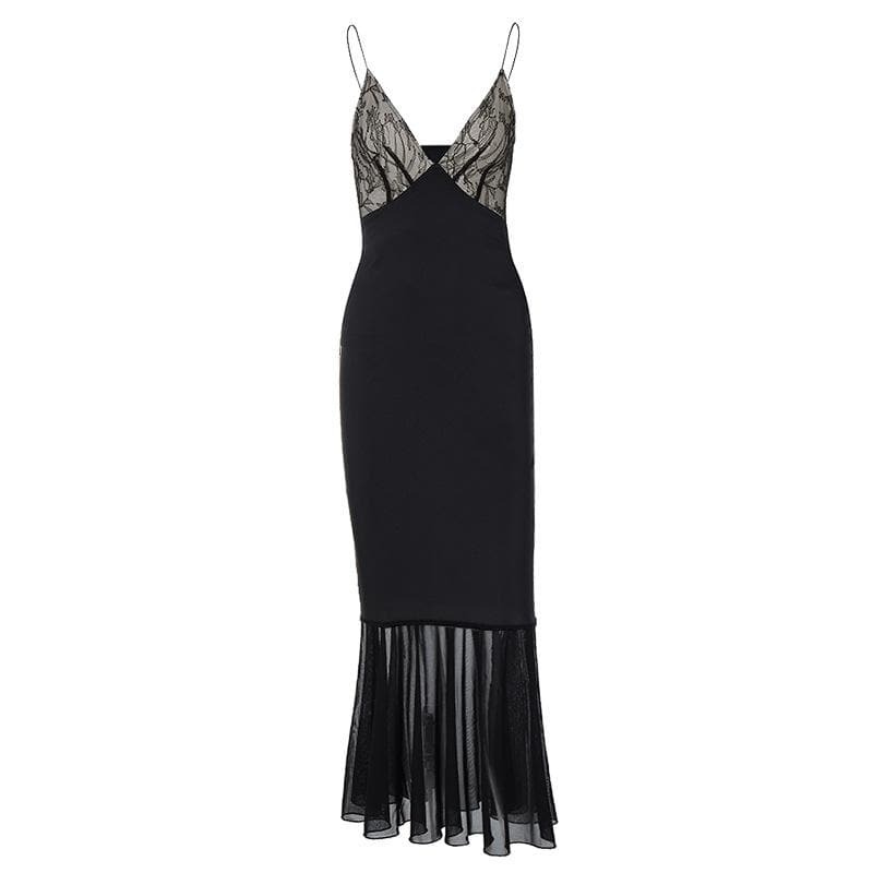 Lace Patchwork Ruched V-Neck Backless Midi Dress - Y2K Aesthetic Coquette Style Fashion
