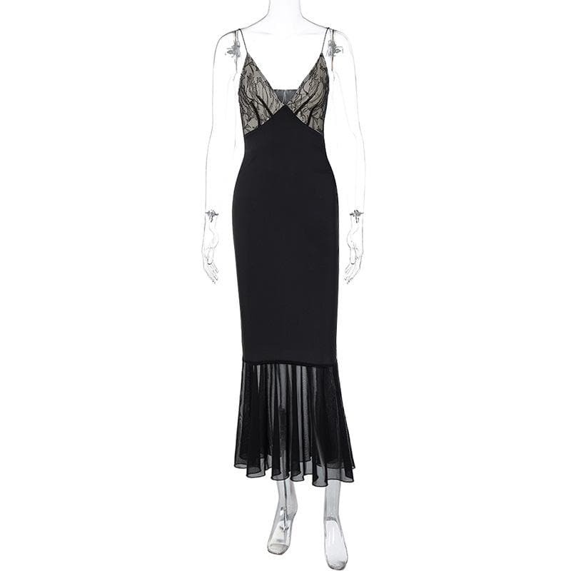 Lace Patchwork Ruched V-Neck Backless Midi Dress - Y2K Aesthetic Coquette Style Fashion