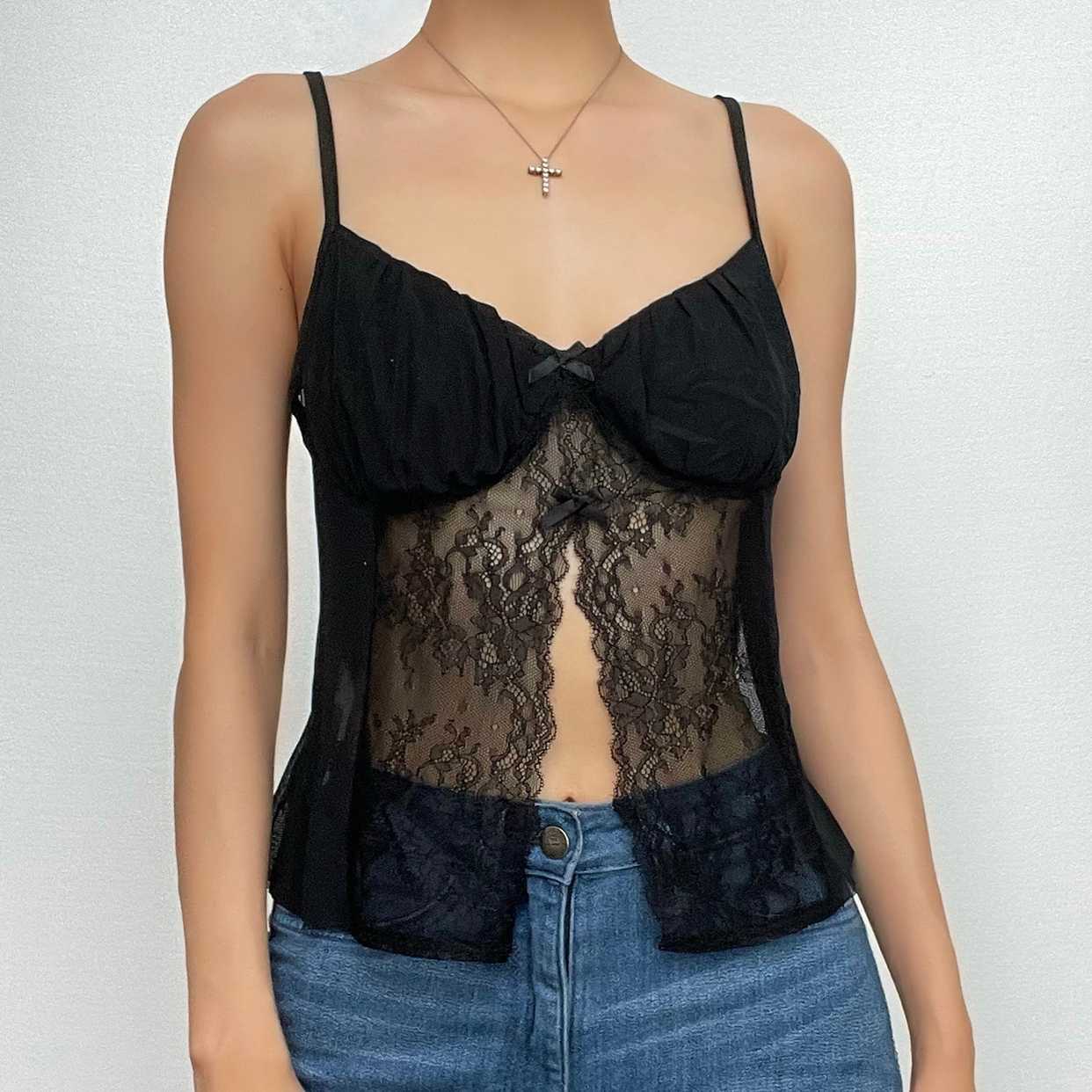 Lace Patchwork Ruched V-Neck Slit Cami Crop Top - Y2K Aesthetic Cute Top for Grunge & Coquette Styles
