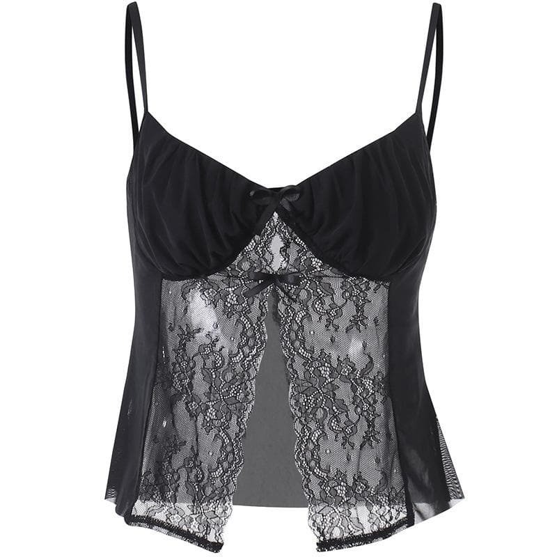 Lace Patchwork Ruched V-Neck Slit Cami Crop Top - Y2K Aesthetic Cute Top for Grunge & Coquette Styles