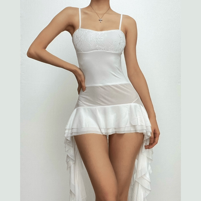 Lace Patchwork Ruffle Cami Mini Dress - Y2K Aesthetic, Coquette Style, Cute Summer Outfit