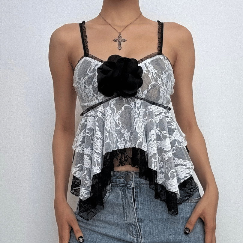 Lace Patchwork Ruffle Cami Top - Y2K Aesthetic Cute Floral Layered Style for Coquette Vibes