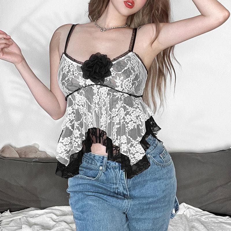 Lace Patchwork Ruffle Cami Top - Y2K Aesthetic Cute Floral Layered Style for Coquette Vibes