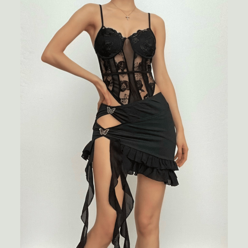 Lace Patchwork V-Neck Mesh Cami Bodysuit - Y2K Aesthetic, Coquette Style, Cute Tops