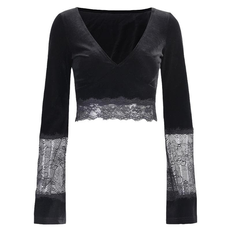 Lace Patchwork V-Neck Velvet Crop Top with Flared Sleeves - Y2K Coquette Aesthetic Style