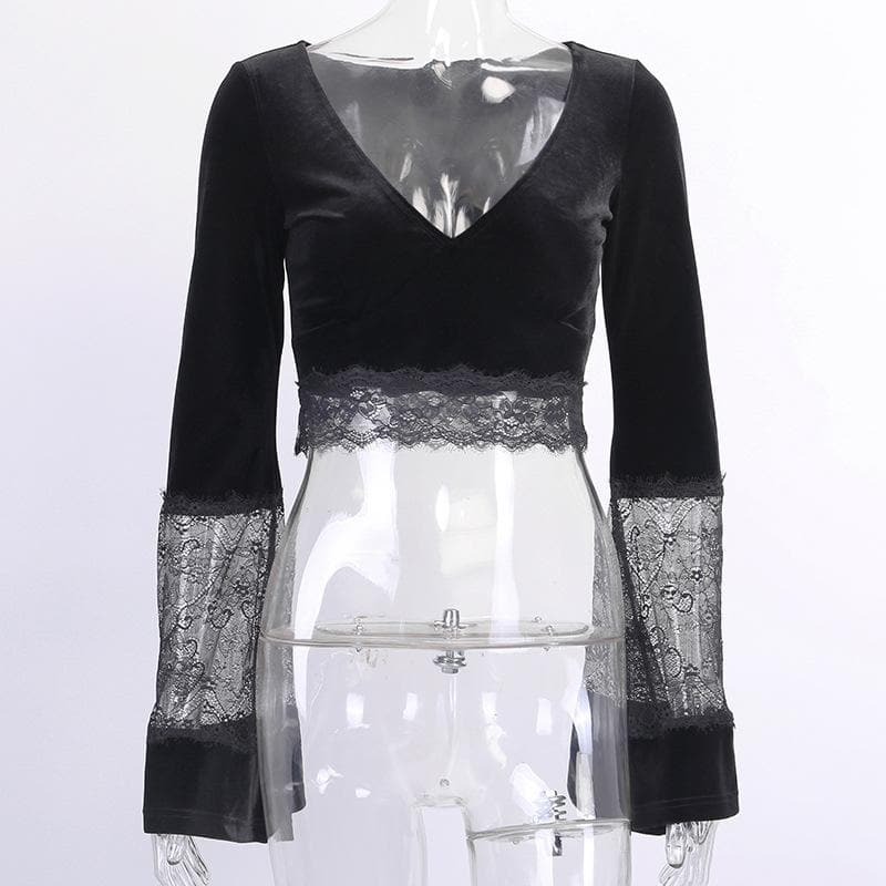 Lace Patchwork V-Neck Velvet Crop Top with Flared Sleeves - Y2K Coquette Aesthetic Style
