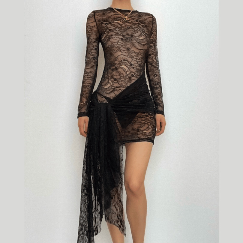 Lace Ruched Mini Dress with Long Sleeve Zip-Up and Self Tie - Y2K Coquette Aesthetic