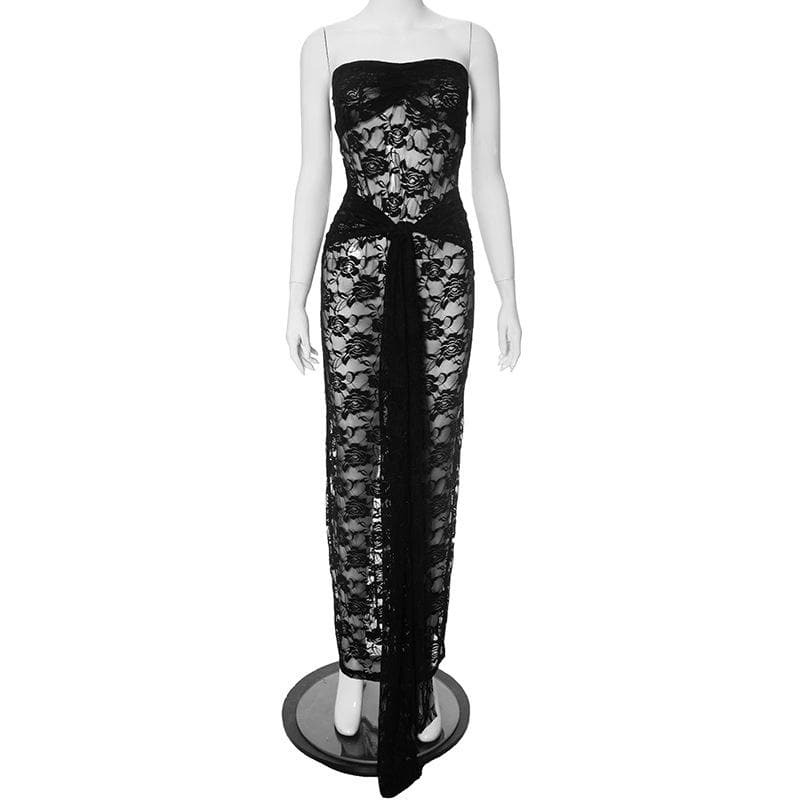 Lace Ruched Ruffle Sheer Tube Maxi Dress - Y2K Aesthetic, Coquette Style, Cute & Comfy
