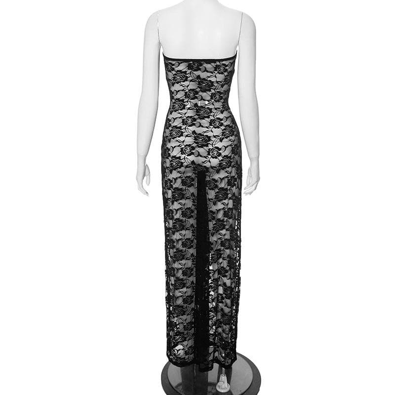 Lace Ruched Ruffle Sheer Tube Maxi Dress - Y2K Aesthetic, Coquette Style, Cute & Comfy